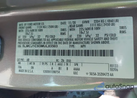 2021 Lincoln Corsair Standard from USA, damaged, VIN 5LMCJ1C93MUL03503